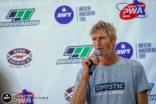 Head judge, Duncan Coombs, leading the skippers meeting - 2015 Novenove Maui Aloha Classic © American Windsurfing Tour / Sicrowther